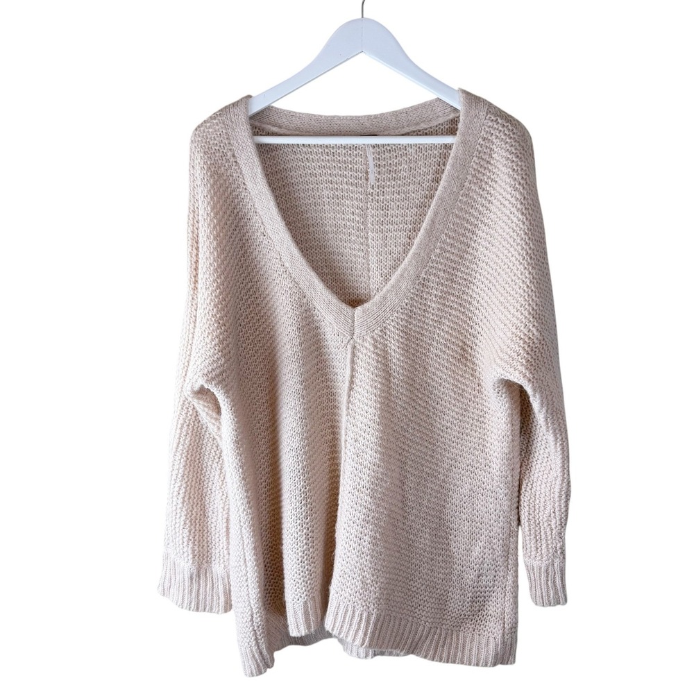 Free People Womens Oversized V-Neck Alpaca Wool Blend Knit Sweater Cream Blush M